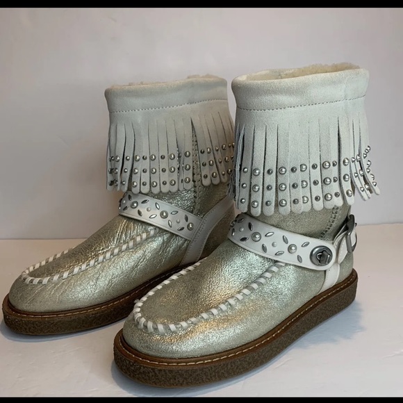 Coach Moccasin Fringe Natural Gold Leather Sheepskin Studded Moto Boots size 5 - Picture 4 of 13